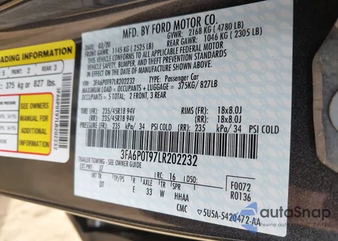 2020 Ford Fusion Se из США, поврежденный, VIN 3FA6P0T97LR202232